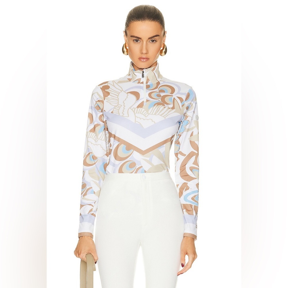 Bogner Abstract Geo Print Long-Sleeve Mock Neck Top in White, Beige, Light Blue